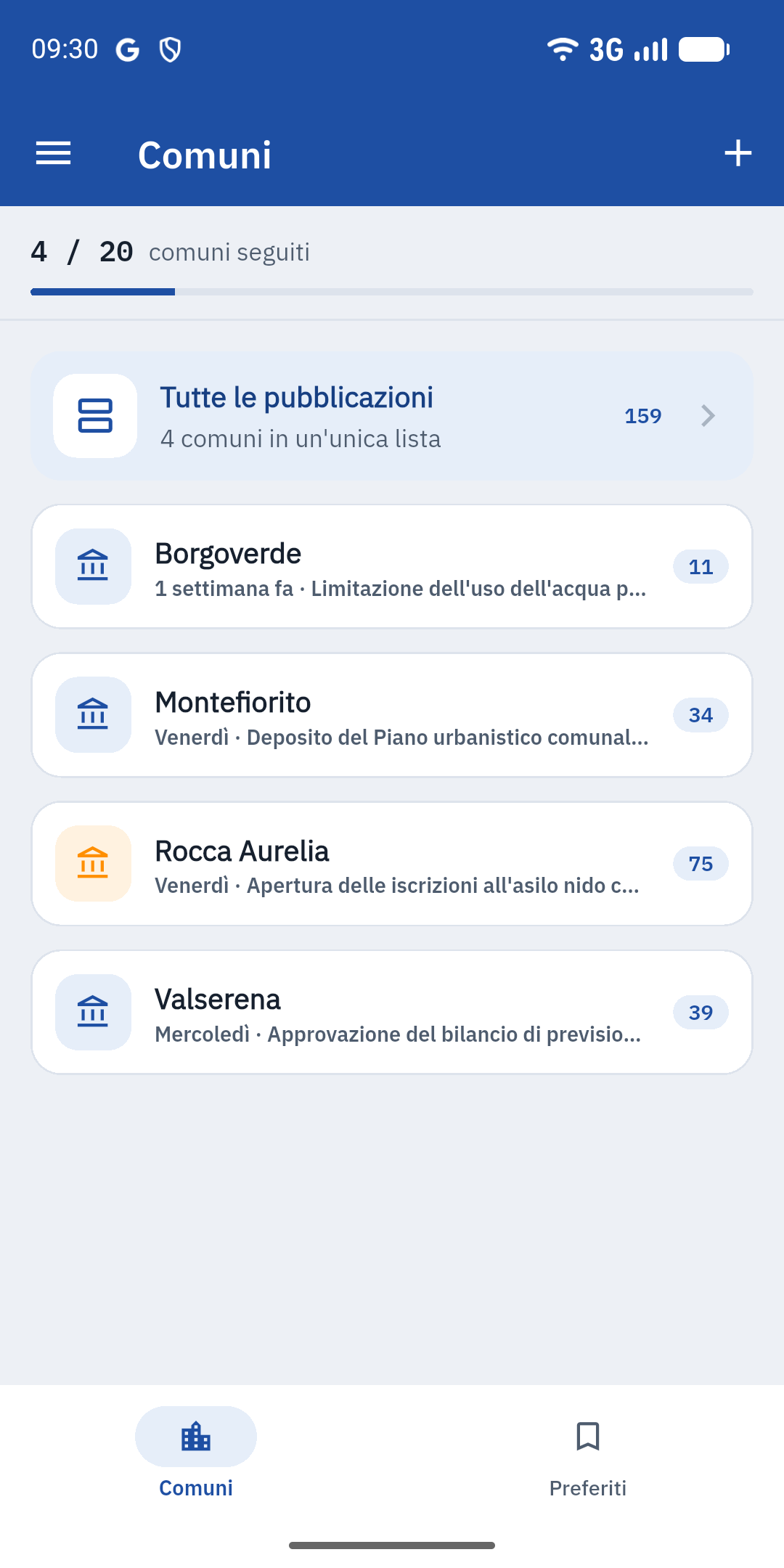 Schermata dell'app: I tuoi comuni