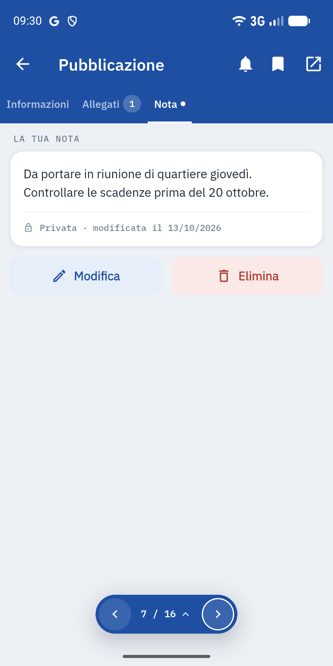 Schermata dell'app: Note personali